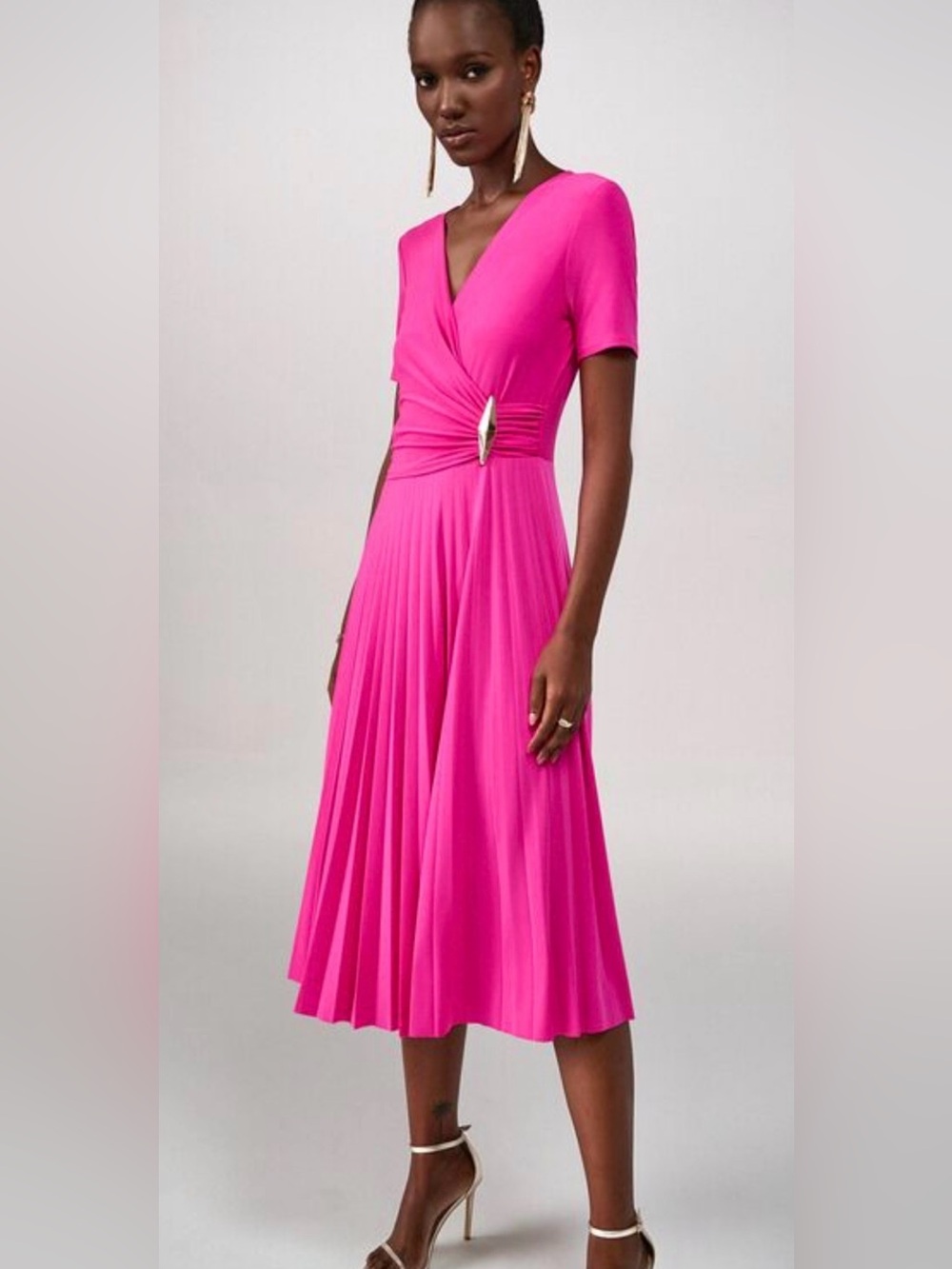 Joseph Ribkoff NWOT Fuchsia Pleated Midi Ruched Wrap Dress Made in Canada Sz 10 - Picture 2 of 15